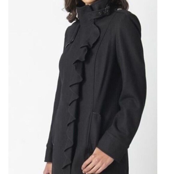 TAHARI~BLACK WOOL RUFFLE SNAP FRONT LEATHER TRIM COAT sz 14 - Picture 16 of 16
